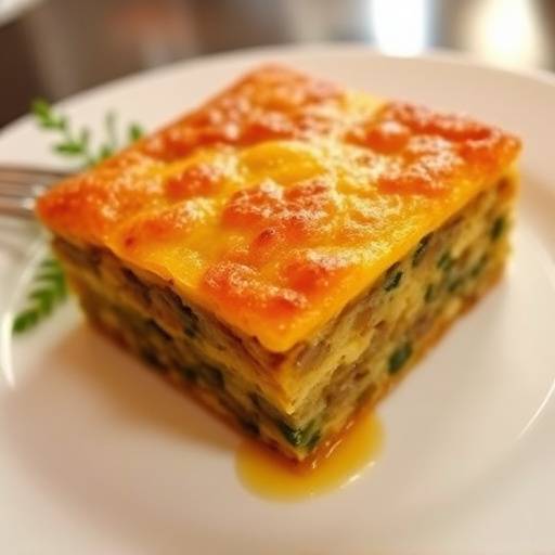 A beautifully plated serving of Bobotie, a traditional South African dish with a golden crust.