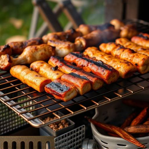 A Braai with various meats cooking on the grill