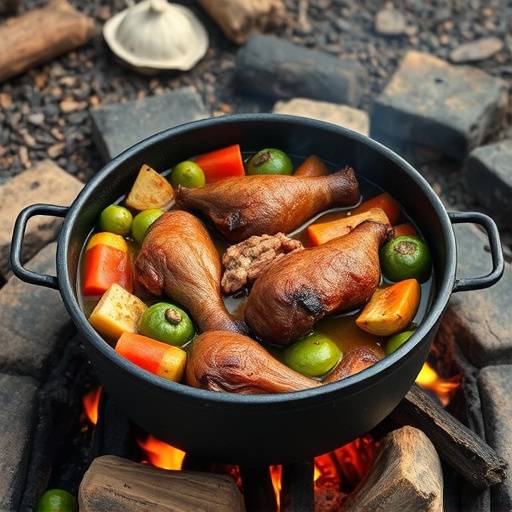 A close-up shot of a potjie simmering over an open fire, showcasing various vegetables and meat.
