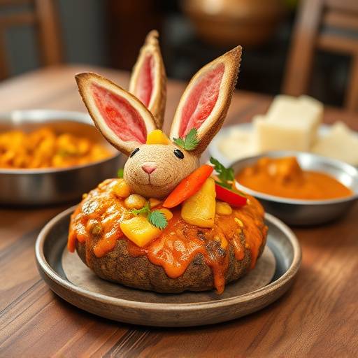A table spread featuring bunny chow: a hollowed-out loaf of bread filled with curry.