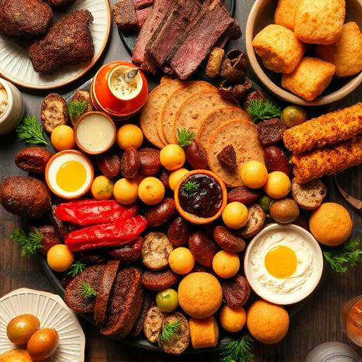 A vibrant spread of South African dishes, including bobotie, biltong, and koeksisters.